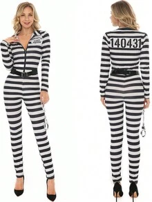 角色扮演服装 - 成人女士性感黑白条纹连体衣监狱服装