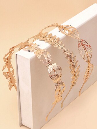 3 szt. metalowych obręczy do włosów w kształcie motyla i liścia w kolorze złotym, odpowiednich na co dzień, na przyjęcia festiwalowe, jako prezent urodzinowy itp.