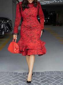 Keke Bloomly 优雅几何印花长袖修身连衣裙 - 弹力涤纶和氨纶混纺面料，可机洗 - 适合春秋季穿着 - 紅色 - 查看 5