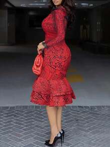 Keke Bloomly 优雅几何印花长袖修身连衣裙 - 弹力涤纶和氨纶混纺面料，可机洗 - 适合春秋季穿着 - 紅色 - 查看 6