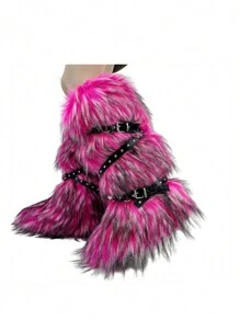 High Snow Boots, Knee-High Fur Boots With Cross Belt Buckle - 玫紅色 - 查看 4