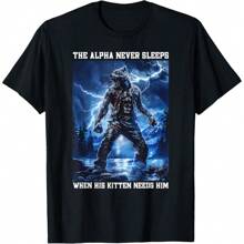 Cartoon Print Crew Neck Casual Short Sleeve T-Shirt, Funny Alpha Never Sleeps Alpha Wolf Graphic T-Shirt Women Tops - 黑色 - 查看 1