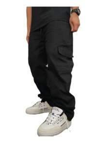Men's Wide Leg Cargo Pants Skater Streetwear - Black - View 5