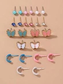 24 件彩色花卉和蝴蝶水钻装饰甜美时尚儿童耳环套装