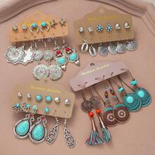 24 pièces/6 pièces Set de boucles d'oreilles résine à pompons bohèmes vintage, boucles d'oreilles à tige et pendantes en forme de cœur, lune, fleur. Convient pour les voyages, les tenues casual quotidiennes