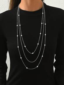 Fashionable And Elegant Long Autumn And Winter Elegant Faux Pearl Layered Women's Necklace, Geometric Sweater Chain Necklace