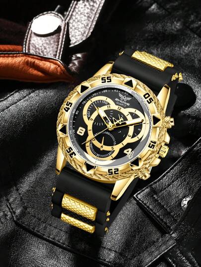 1pc Pulseira de borracha preta masculina, elegante, casual, escala mista esportiva, mostrador redondo para uso diário ou presentes de feriado