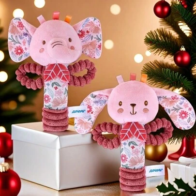 1 件新生儿彩色可爱动物摇铃棒，带皱纹纸的毛绒安抚婴儿摇铃棒，婴儿抓握棒和牙胶娃娃，适合作为新生儿礼物