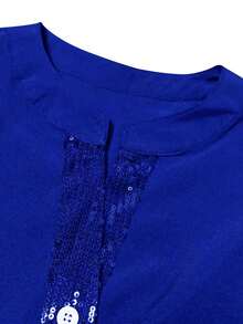 Women's Sequins Decor Front Button Pocket Simple Casual Blouse - Blue - View 3