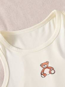 2 件套青少年女孩休闲时尚简约睡衣套装，包含一件带有泰迪熊印花的背心，搭配泰迪熊全印花宽松裤，适合春夏季女孩在家穿着 - 杏色 - 查看 4