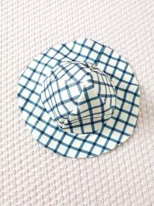 3pcs/Set Cute Cartoon Little Dinosaur Print & Plaid Splice Stand Collar Short Sleeve Shirt, Solid Color Shorts And Small Brimmed Hat