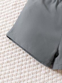 3pcs/Set Cute Cartoon Little Dinosaur Print & Plaid Splice Stand Collar Short Sleeve Shirt, Solid Color Shorts And Small Brimmed Hat