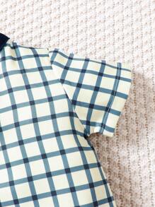 3pcs/Set Cute Cartoon Little Dinosaur Print & Plaid Splice Stand Collar Short Sleeve Shirt, Solid Color Shorts And Small Brimmed Hat