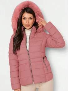 Shendy Vendy Women's Warm Polyester Jacket With Fur Collar - GARNET. - View 3