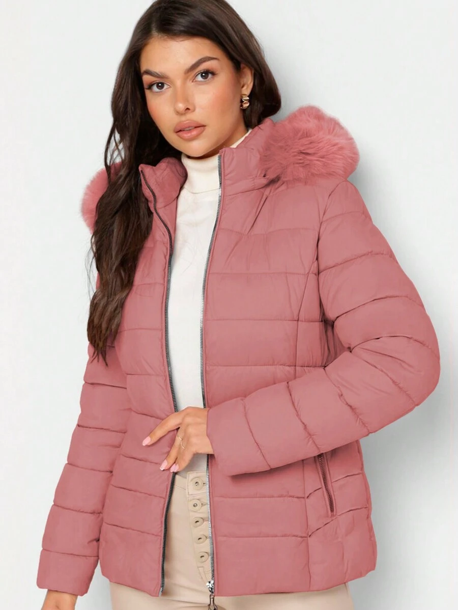 Shendy Vendy Women's Warm Polyester Jacket With Fur Collar - GARNET. - View 1
