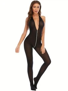 Semi Sheer Mesh Hot Bodystocking, Zipper Deep V Halter Backless Women's Sexy Lingerie & Underwear