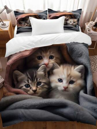 3pcs Lovely Pet Cat Print Duvet Cover Set (1*Duvet Cover + 2*Pillowcase, Without Core),Soft, Comfortable, And Cozy Bedding Bedding For Bedroom And Guest Room,Machine Washable, Ideal For Home And Dorm