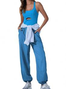 Women's Comfortable Activewear Jumpsuit With Cross Back Long Pants For Yoga Running Workout With Pockets - 藍色 - 查看 2