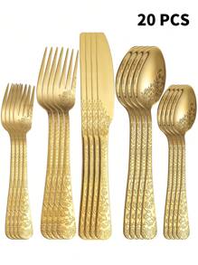 5/20/30pcs Stainless Steel Cutlery Set With Carved Pattern, Suitable For Restaurant, Home, Kitchen, Party, Wedding Favor,School Supplies