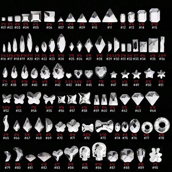 50pcs/Pack Nail Art Flat Asymmetric Shape Rhinestone Decorations, Includes White Glitter Heart, Butterfly, Star, Water Drop, Skew Heart Shaped Glass Rhinestones