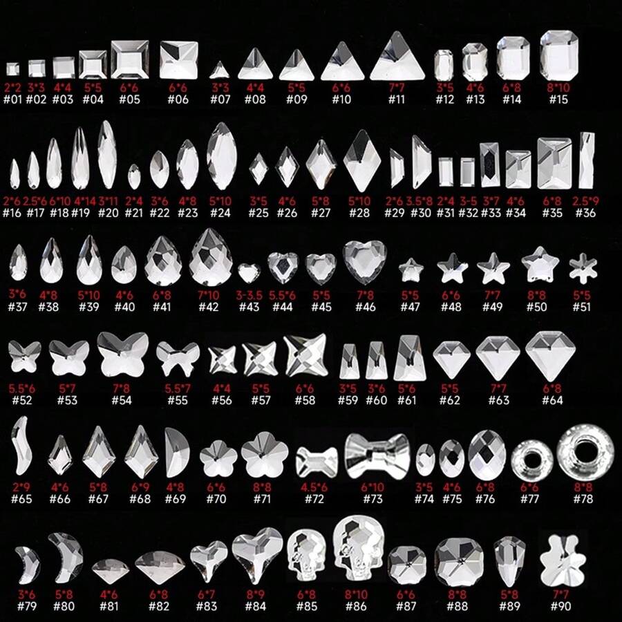 50 件/包美甲扁平不对称形状水钻装饰，包括白色闪光心形、蝴蝶形、星星形、水滴形、斜心形玻璃水钻美甲用品指甲饰品美甲宝石