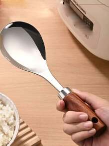 Stainless Steel Rice Spoon, Non-Stick Rice Shovel, Long Handle Serving Spoon, Large Wooden Handle Rice Spoon
