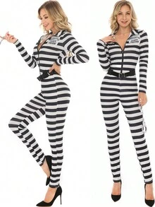 角色扮演服装 - 成人女士性感黑白条纹连体衣监狱服装