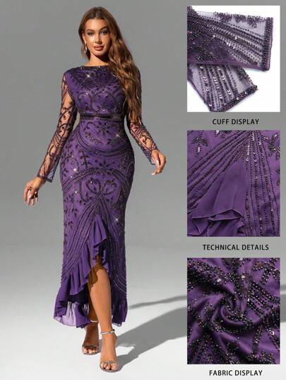 Kvinnors kraftigt utsmyckade pärlor asymmetrisk fiskstjärtfåll långärmad klänning, lämplig för formella tillfällen, fest och dagligt slitage