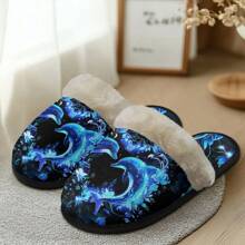 蓝色海豚女士室内拖鞋，个性化名字，冬季保暖休闲拖鞋，适合旅行、酒店、卧室、浴室，超轻防滑女士拖鞋，独特的情人节礼物 - 藍色 - 查看 5