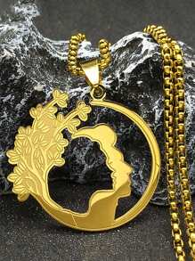 Collar con colgante de cara y luna de árbol para mujeres y hombres, de acero inoxidable en color oro y plata, joyería de regalo