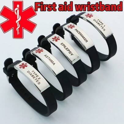 Pulseira de alarme médico de aço inoxidável, 1 peça, pulseira para diabetes, avisos médicos, diabetes tipo 1, pulseira de primeiros socorros para uso externo, feita de gel de sílica, confortável de usar e amiga da pele (estilo luminoso e estilo regular (sem observações especiais para modelos regulares))