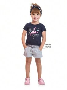 Conjunto Infantil Menina Verão Camisa Flamingo e Shorts