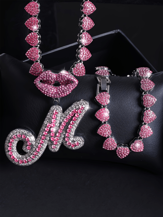 1 Set Women's Pink & Silver Jewelry Set - Sexy Lip Pendant (With 26 Letters), Matching Heart Necklace And Bracelet - Suitable For Daily Wear, Parties, Valentine's Day, Mother's Day And Birthday Gifts