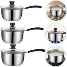 3 Piece Stainless Steel Pans Set, 16cm, 18cm & 20cm Saucepans With Glass Lids, Induction Pans Cookware Set - Silver - View 8