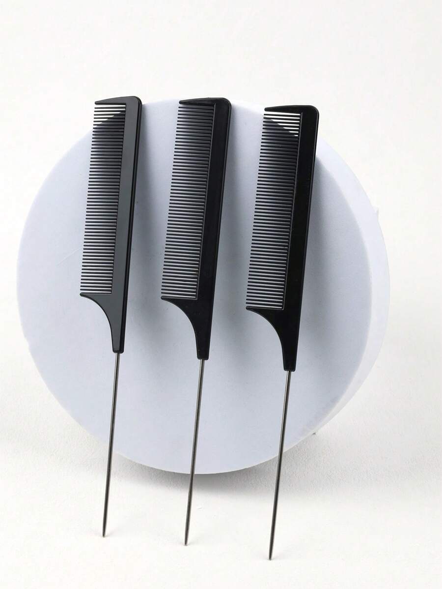 3Pcs Rat Tail Combs Salon Hairdressing Comb With Stainless Steel Handle, Fine Tooth Combs For Women, Barber,Hair Brush,Comb,Hair Tools,Hair Products And Accessories For Barber Salon Beauty Travel Essentials - Black - View 1