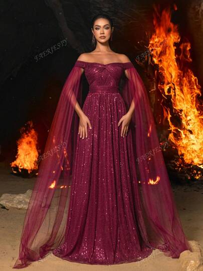 Faeriesty Off Shoulder Twist Front Cloak Sleeves Sequin Formal Dress, Party Dress, Wedding Guest Dress, Evening Dress
