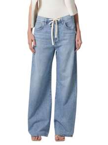 Women's Spring Summer Denim Pants Solid Color Wide Leg Drawstring Trousers With Pockets