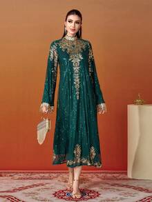 Women's Stand Collar Floral Sequined Long Sleeve Long Elegant Arabian Dress, Formal Evening Prom Wedding Guest Gown, For Graduation, Dinner Party Dress