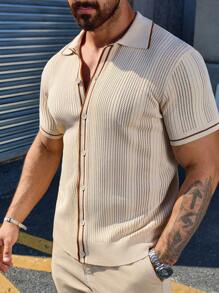 Men's Casual Solid Color Single-Breasted Short Sleeve Knitted Top, Spring & Summer - Apricot - View 3