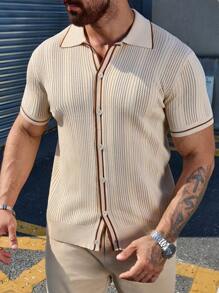 Men's Casual Solid Color Single-Breasted Short Sleeve Knitted Top, Spring & Summer - Apricot - View 5