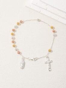 1 pieza Pulsera con colgante de la Virgen María y cruz católica chapada en estilo clásico de dos tonos, hecha a mano pura de plata 925 con caja de regalo de lujo, adecuada para madres/San Valentín, parejas, hermanas, amigos, creyentes para uso diario/festival y oración