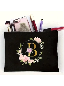 Golden Letter Floral Makeup Tote Bag - Black Polyester Zipper Bag, First Letters A-Z For Teacher Appreciation And Bridesmaid Gifts, Large Reusable Travel Storage Box, Women's Simple Large Capacity Travel Makeup Bag - Black - View 16
