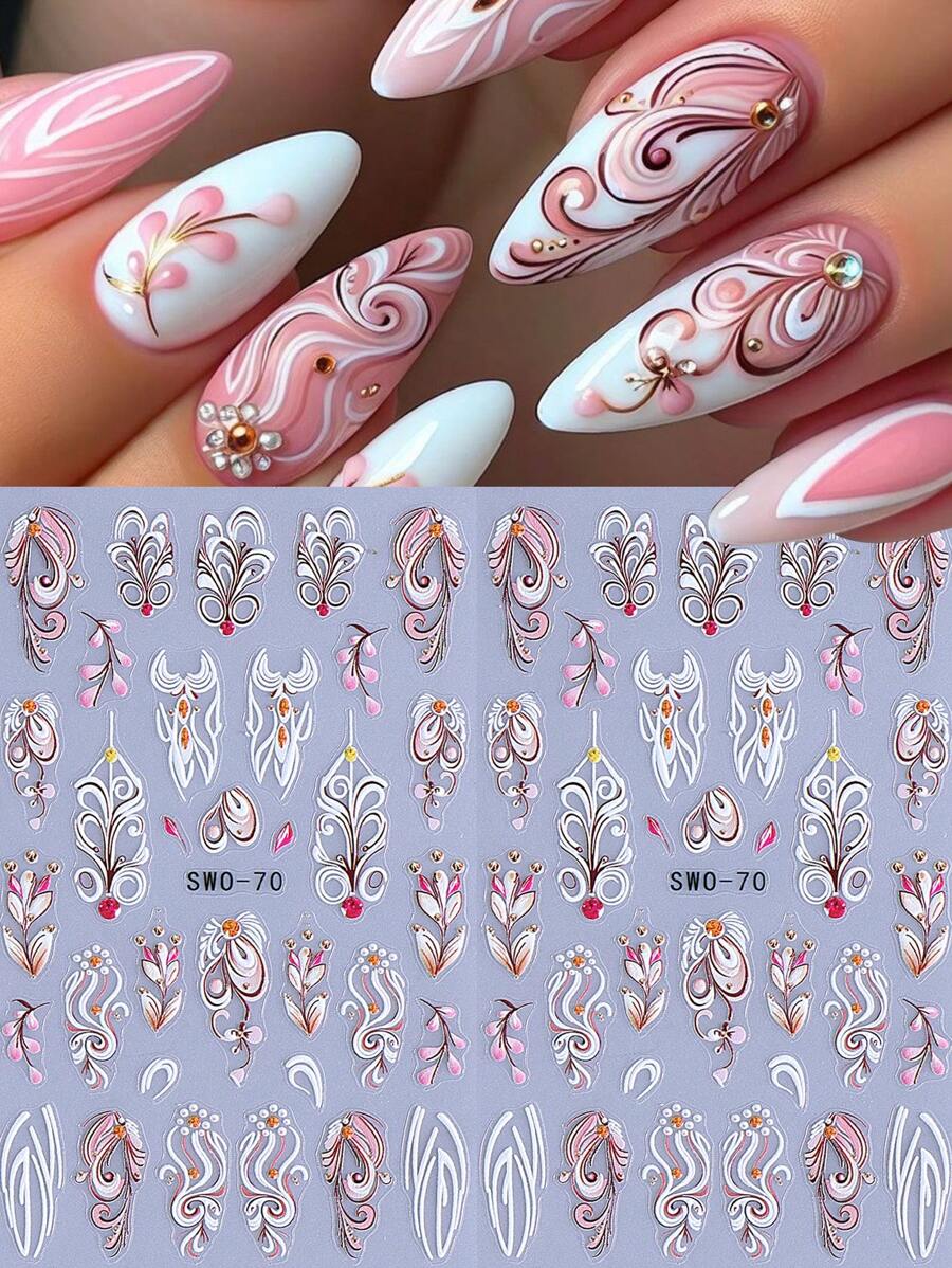 2 Stück Chic Blumen Rebe 5D Nail Art Sticker rosa weiß Blatt Nagel Aufkleber selbstklebend geprägt Relief Nail Designs Deko für Acryl Maniküre Zubehör Nägel