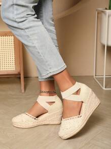 编织带交叉弹性绑带黄麻绳时尚坡跟女鞋 - 米色 - 查看 5