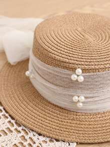 1pc Girls' Cute Princess Style Straw Flat Top Hat, Sun Protection Beach Cap, Suitable For Daily Wear, Summer - View 6