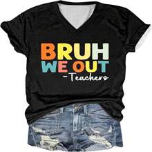 Women's Letter Print Tops Summer Short Sleeve V Neck Sexy Crewneck Shirts Loose Fit School Season Tshirts Crew Neck - Black - View 1