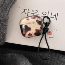 Black & Brown Cow Print Splash Ink Semi-Transparent Earphone Case + Lanyard Set, Compatible With Apple Pro 3/Pro 2/Pro/ 4/3/2, Protective Film To Be Removed Before Use - Black - View 5