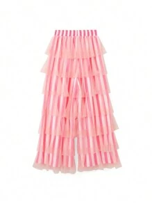 Women Cute Tulle Tutu Pants Casual Layered Mesh Ruffles Stripe Print Elastic Trousers For Daily Streetwear - Pink - View 3