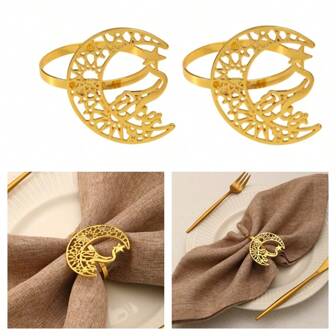 1 pieza/2 piezas Anillo para servilletas de metal hueco dorado/plateado con estrellas y luna, adecuado para reuniones familiares, decoración de mesa, hotel y restaurante, estrellas y luna, Ramadán Kareem.