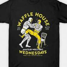 1pc Waffle House Vintage Amateur Wrestling Graphic Tee, Men'S Casual Crew Neck Cotton T-Shirt, Comfortable All-Season Knit, Short Sleeve With Digital Print, Loose Fit - 黑色 - 查看 1